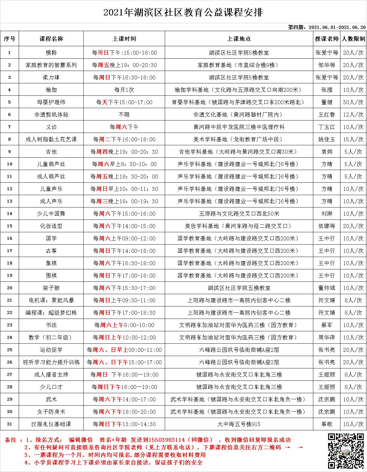 湖滨区社区学院2021年6月份公益课表出炉！